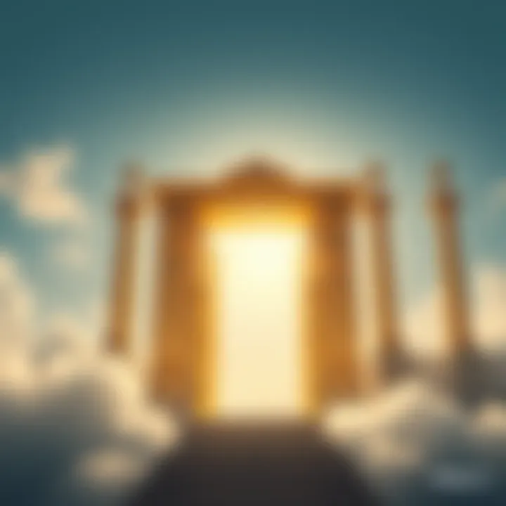 A pair of large, golden gates against a bright sky, symbolizing the concept of the afterlife and spiritual beliefs, surrounded by soft clouds.