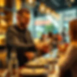 Generous Tipping Culture A happy waiter receives a large tip from a satisfied customer in a busy restaurant setting.