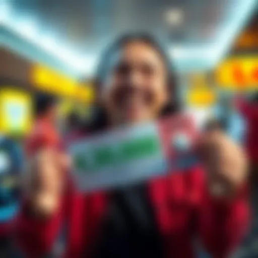 A happy player holding a winning Lotto ticket with a big smile, celebrating a $3,000 win from a $5 bet.