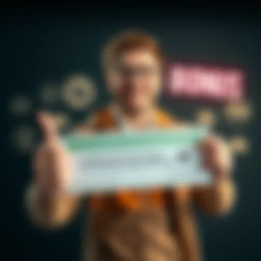 A person happily holding a bonus check with a thumbs up, surrounded by icons of tips and strategies.