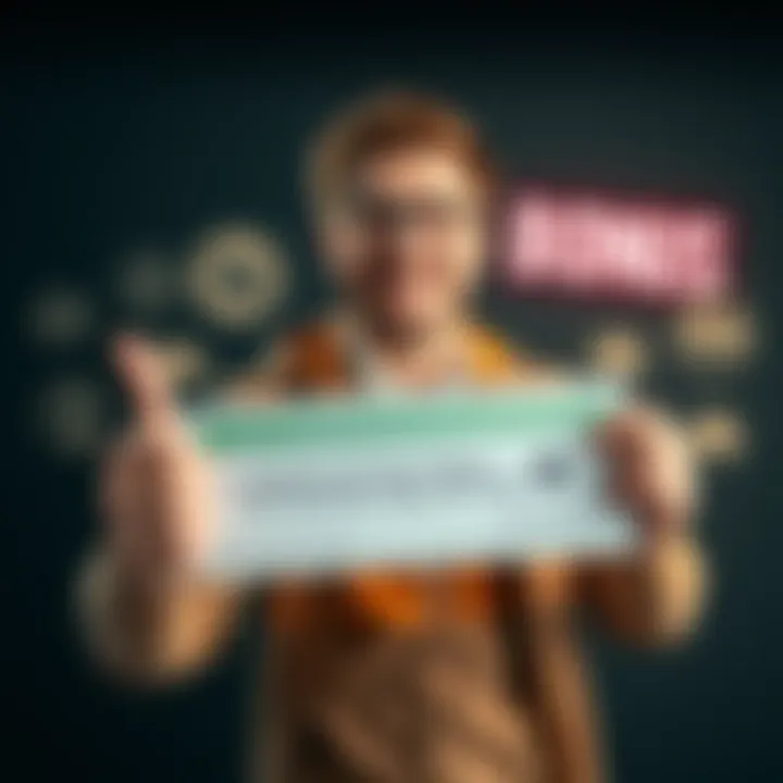 A person happily holding a bonus check with a thumbs up, surrounded by icons of tips and strategies.