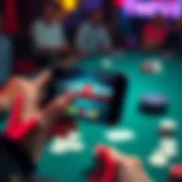 A person holding an iPhone displaying GGPoker app with a poker table background