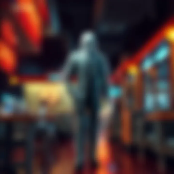 A ghostly figure in a gray suit standing near a diner, with a waitress looking surprised.