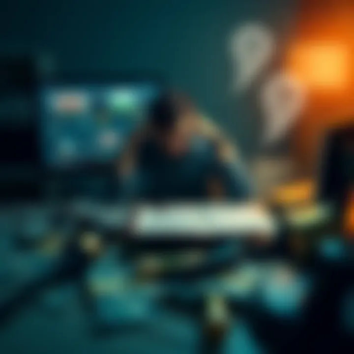 Ghosting Risks in Sports Betting A person sitting at a desk looking worried while staring at a computer screen showing betting websites. Money and legal documents are scattered around, symbolizing financial loss and legal issues.