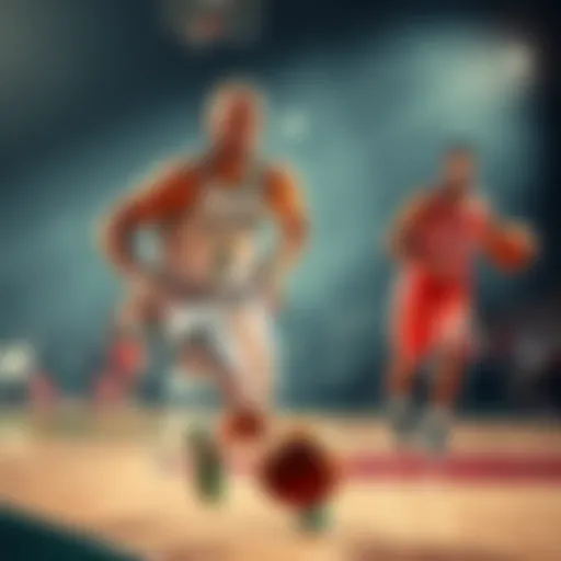 Giannis dribbling the basketball with teammates AJ and Ryan in the background looking for a pass