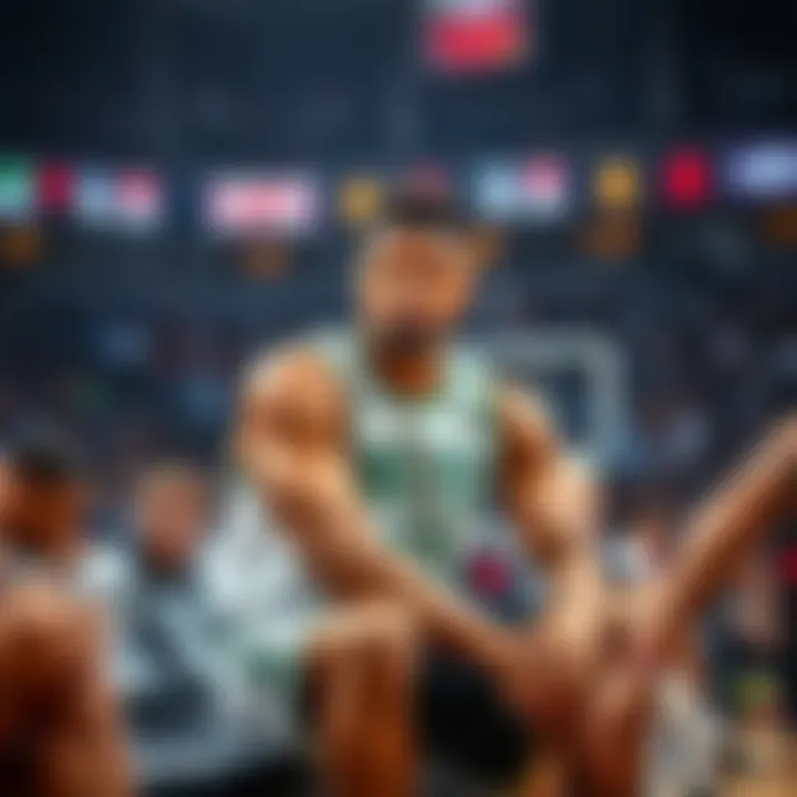 Giannis Antetokounmpo in street clothes, sitting on the bench during a basketball game, looking concerned