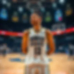 Basketball player Giannis standing on the court, looking thoughtfully while teammates play in the background