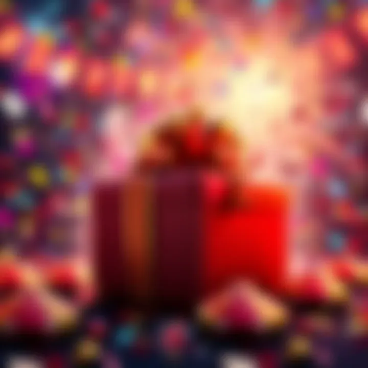 A celebratory scene with colorful confetti and a large gift box, symbolizing luck and surprises in gambling.