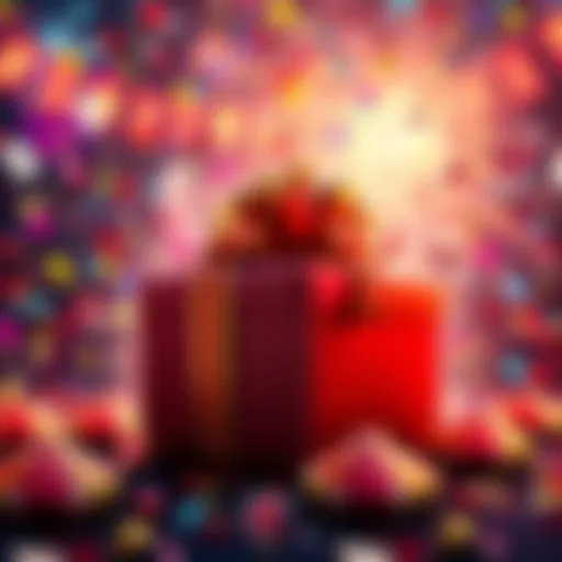 Gift from Gambling Gods A celebratory scene with colorful confetti and a large gift box, symbolizing luck and surprises in gambling.