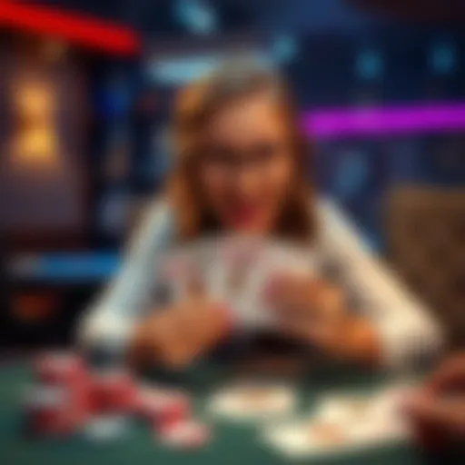 A young woman excitedly showing her cards after winning a poker hand with a Royal Flush, surrounded by chips and cards on the table