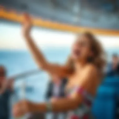 A woman celebrating after winning a $40 bet on a cruise ship, with excitement in her expression and people around her cheering.