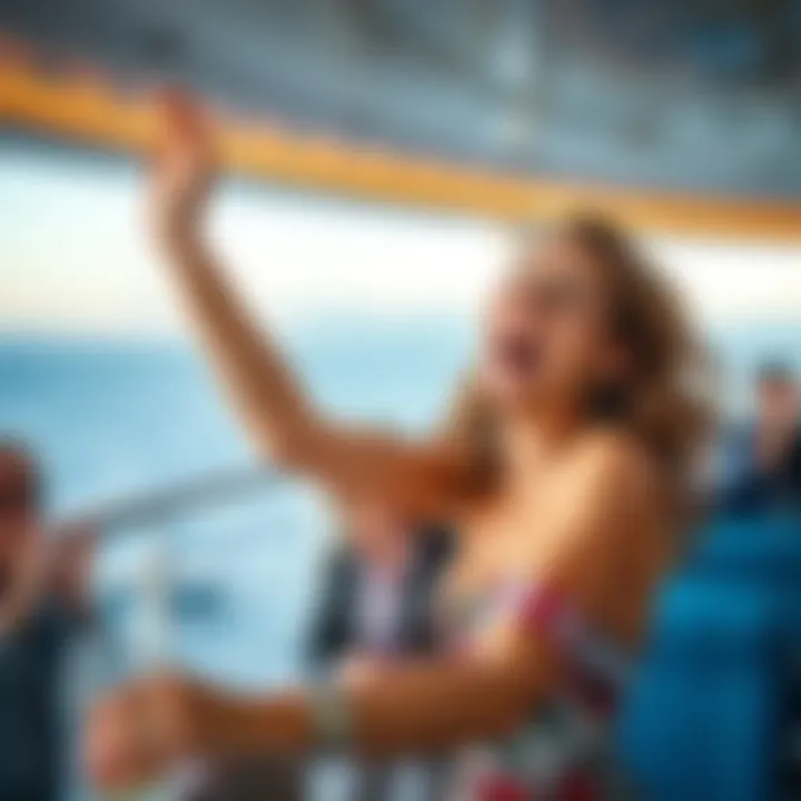 Girlfriend winning a bet on a cruise A woman celebrating after winning a $40 bet on a cruise ship, with excitement in her expression and people around her cheering.