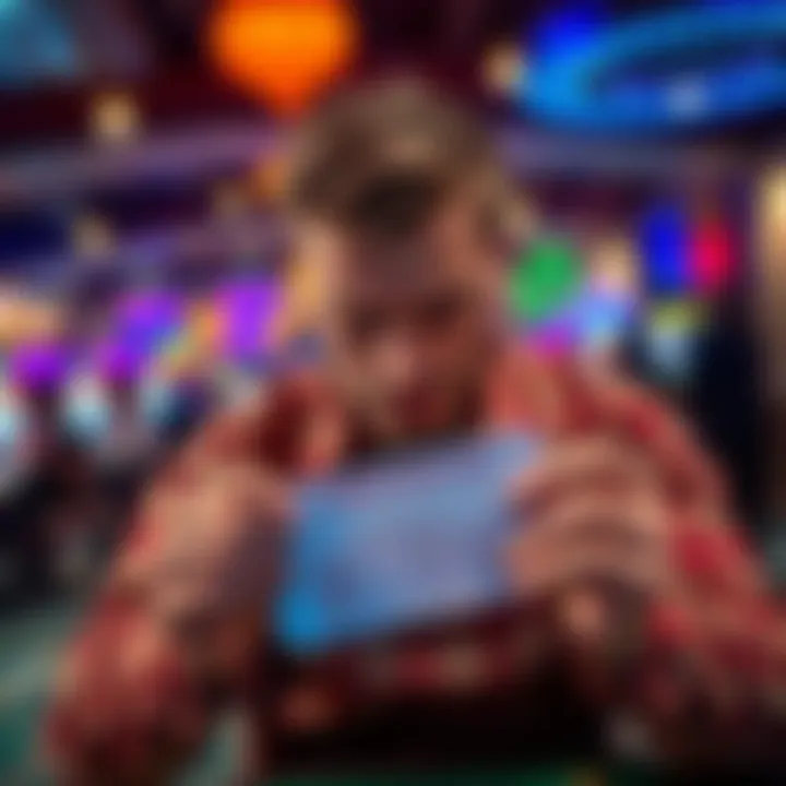 A player looking distressed while holding a losing bet slip in a gambling setting, showing signs of frustration and disappointment