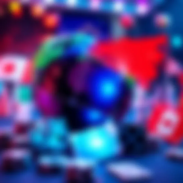 A visual representation of online casinos connecting across different countries with various flags and gaming elements like dice and cards.