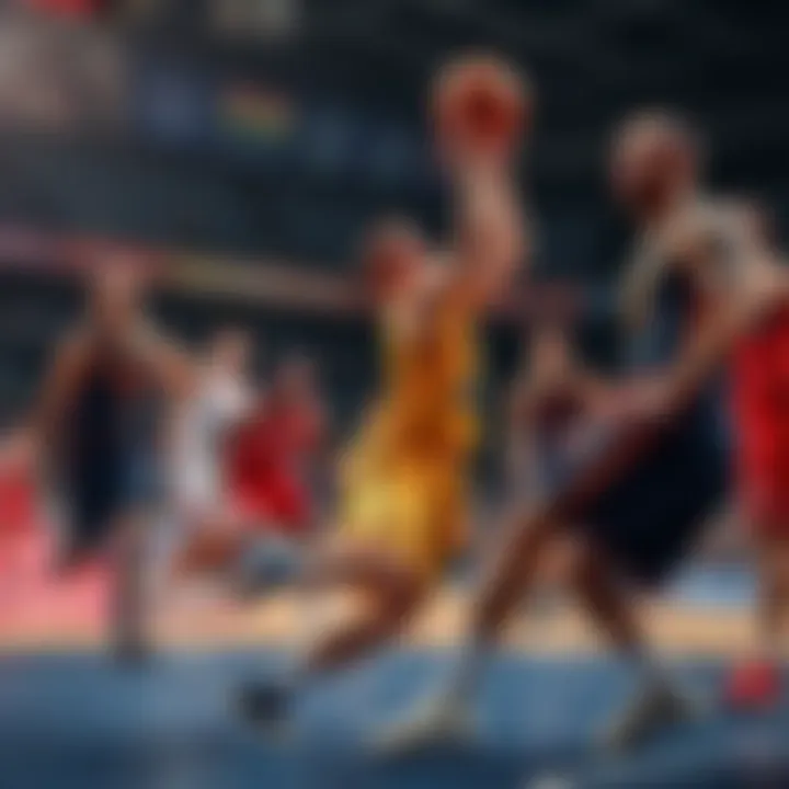 Basketball players from various countries competing in a match
