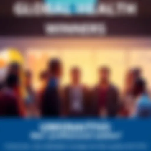 A diverse group of people discussing health policies and benefits with charts and graphs in the background