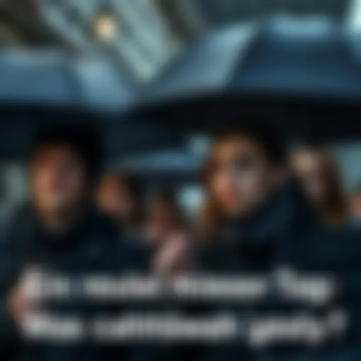 People looking disappointed under umbrellas in the rain on a dreary day