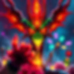 A vibrant glowing demon set showcasing various characters and items with bright colors