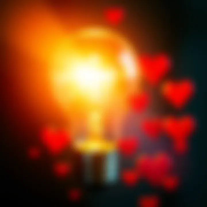 A glowing light bulb surrounded by hearts A bright light bulb emits a warm glow, with small hearts floating nearby, symbolizing the connection between light and love.