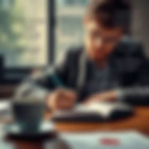 A person writing down goals in a notebook with a focused look, surrounded by motivational quotes and a coffee cup, symbolizing personal growth and achievement.