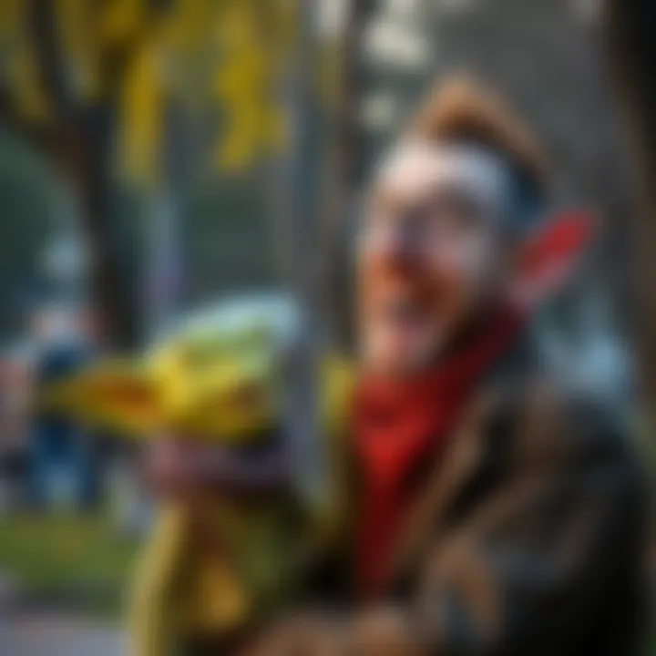 Goblin, a small green creature with big ears, and Mitchell, a tall man with glasses, laughing together in a park setting