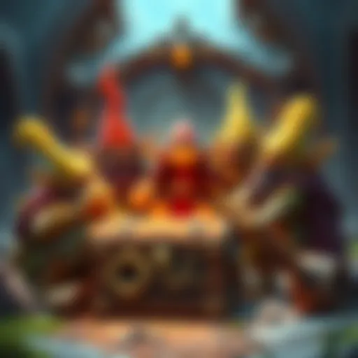 A group of colorful goblins strategizing around a treasure chest in a fantasy game environment