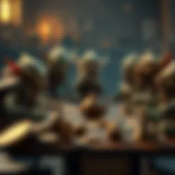 A group of goblins discussing tactics for a game, with game pieces and coins on a table, showing teamwork and strategy.