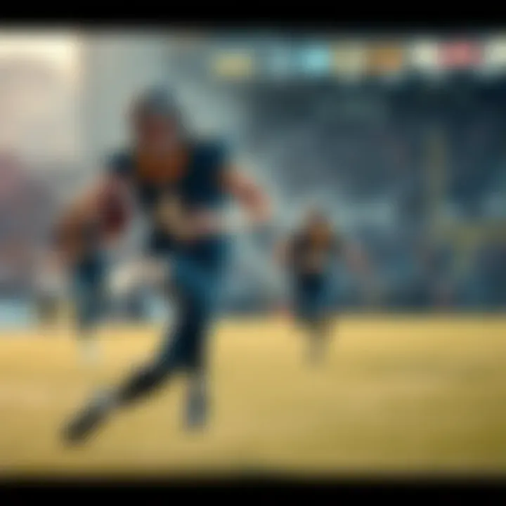 Quarterback Goff running with the ball on the field, looking to gain yards