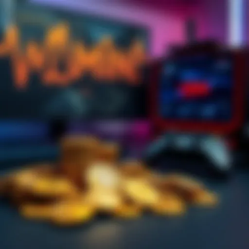 A collection of shiny Gold-Coins on a gaming desk with a computer and gaming controller in the background.