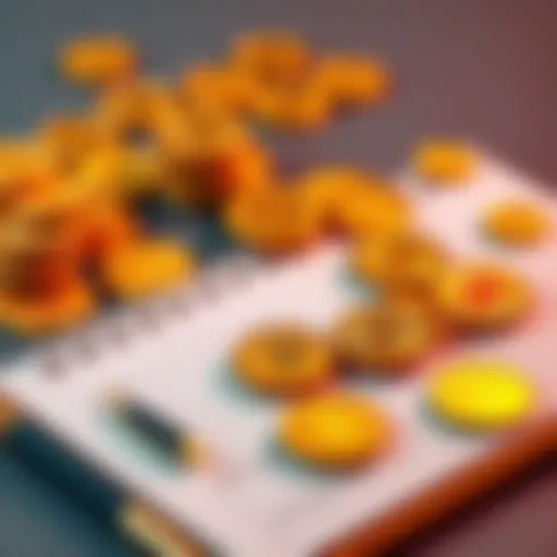 A collection of gold coins displayed with a notepad and pen for investment tips