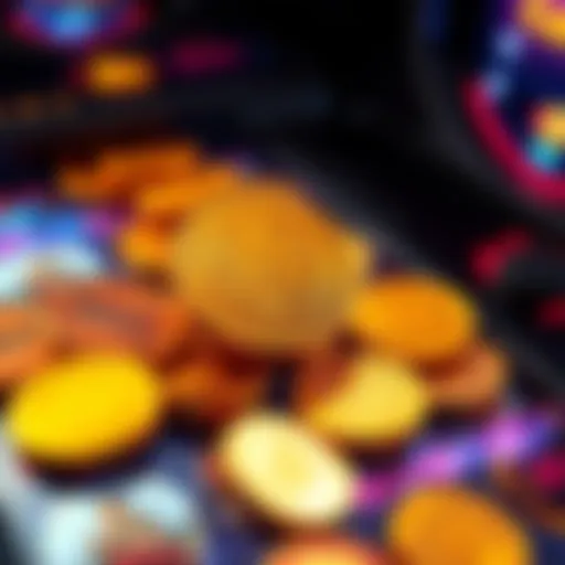 A close-up of gold coins being used in an online slot machine game, illustrating the impact of currency types on gameplay.