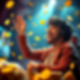 Gold status benefits for players A person celebrating reaching gold status in a gaming context, with symbols of rewards like coins and bonuses around them.