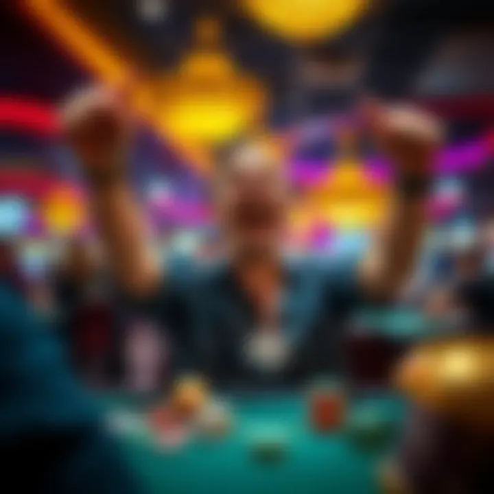 A person celebrating a win at a casino, with dice and chips in view, showing excitement and joy after a big payout.