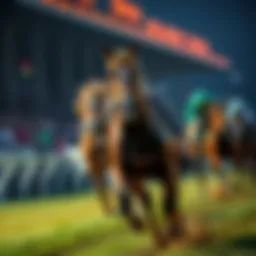 Golden Tempo, a thoroughbred horse, galloping on a racetrack, symbolizing the skipped Preakness event, with a focus on the Belmont Stakes.