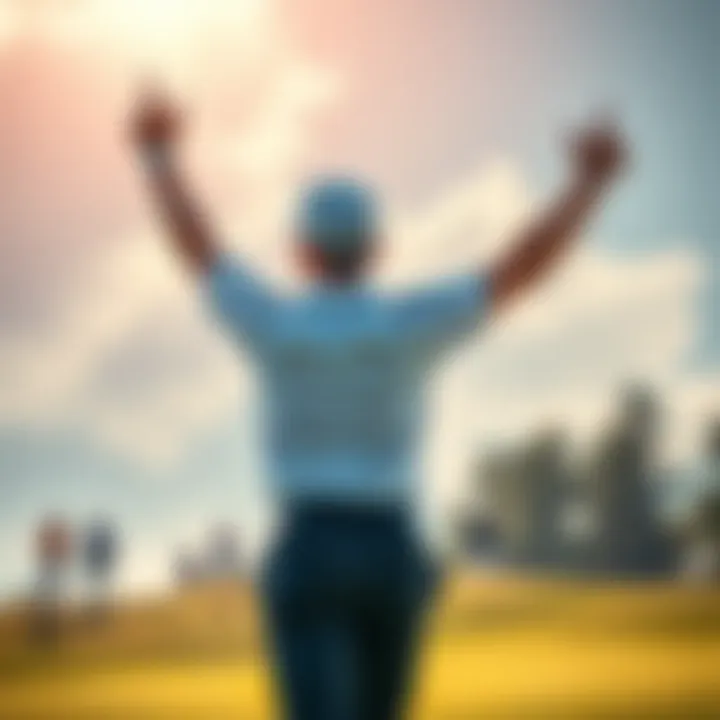 A golfer raises his arms in celebration after winning a tense match on the golf course.