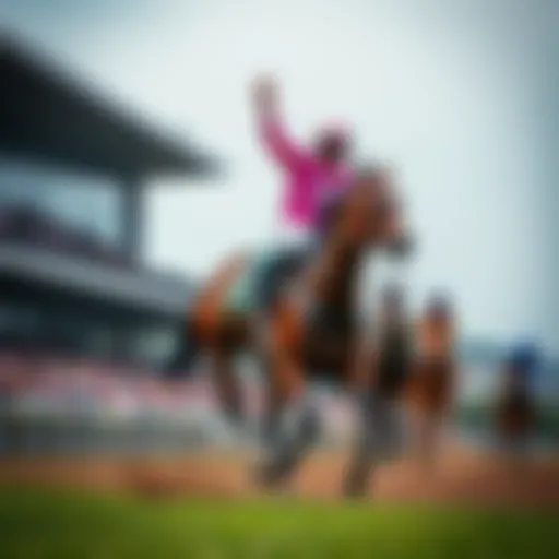 Good Cheer crosses the finish line first at the 2025 G1 Kentucky Oaks, celebrating victory with jockey raised high