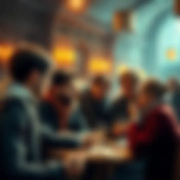 A group of people engaged in a lively discussion about the Grail cards, expressing curiosity and surprise at the lack of updates.