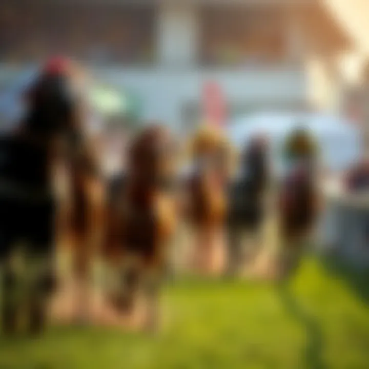 A lively scene of horses racing at the Grand National event with spectators cheering in the background.