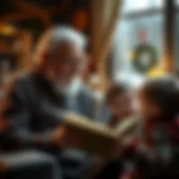 An elderly man shares captivating stories with young kids, surrounded by warm light and a cozy setting.