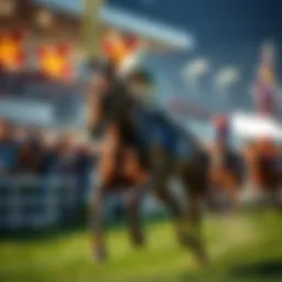 A memorable racehorse from the Grand National, galloping with fans cheering in the background.