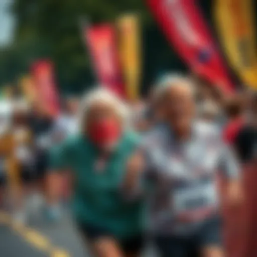 Excited grandparents competing in a fun race, surrounded by cheering crowds and colorful banners.