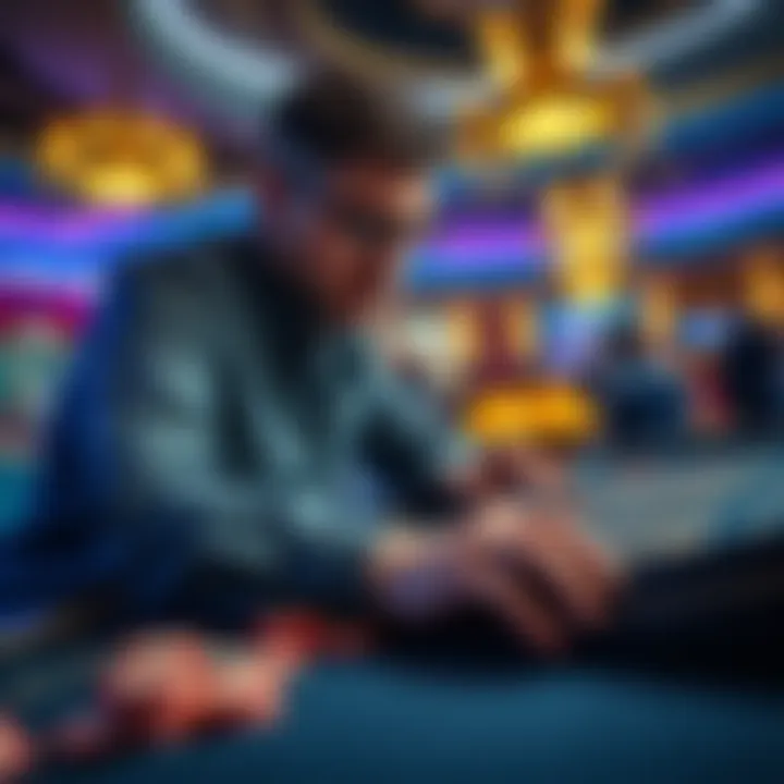 A player examining a casino table, looking concerned while analyzing betting patterns, with casino chips scattered around.