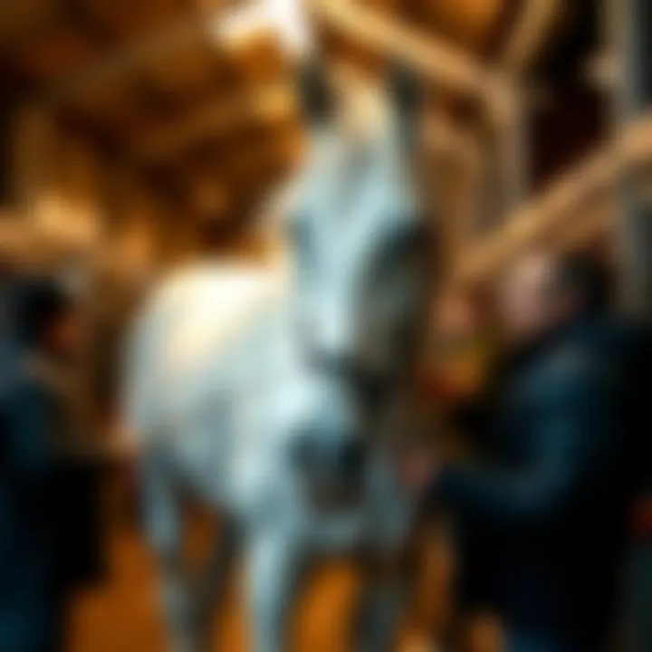 Great White, a majestic racehorse, is seen in the stable looking ready for the upcoming Preakness race, with trainers attending to him.