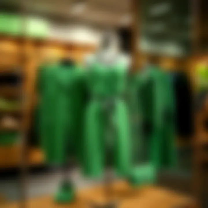 A stylish green outfit displayed on a mannequin, featuring a trendy dress and matching accessories.