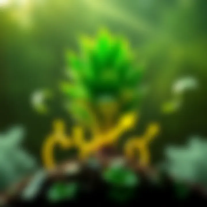 A green giant plant symbolizing financial growth with dollar signs and upward arrows around it