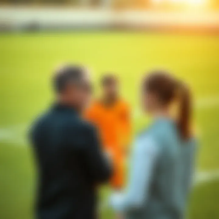 A soccer field with a focus on green tactics, featuring a coach discussing strategies with players before a match, encouraging a sustainable approach.