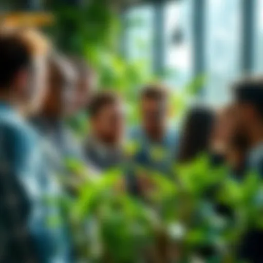 A diverse group of people discussing environmental ideas with green plants around them