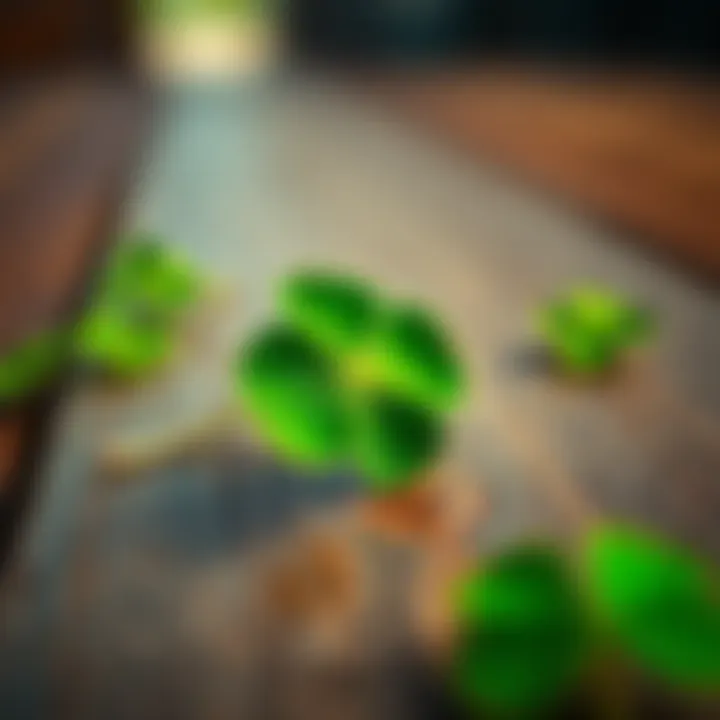 A close-up of a green four-leaf clover resting on a weathered wooden table, symbolizing luck and hope.