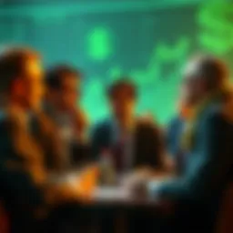 People debating over green investments and sales strategies, with charts and money symbols in the background.