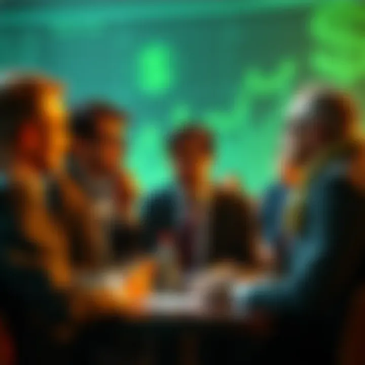 People debating over green investments and sales strategies, with charts and money symbols in the background.